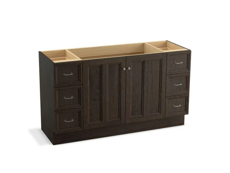 KOHLER K-99523-TKSD-1WA Damask 60" bathroom vanity cabinet with toe kick, 2 doors and 6 drawers, split top drawers