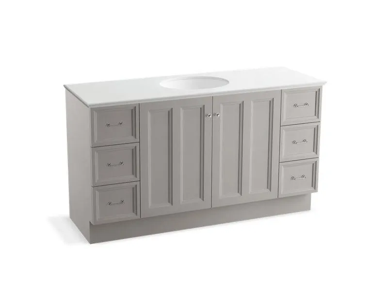 KOHLER K-99523-TKSD-1WA Damask 60" bathroom vanity cabinet with toe kick, 2 doors and 6 drawers, split top drawers