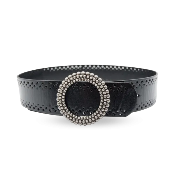 Lilydale |  Women's Black Genuine Leather Belt with Round Silver buckle