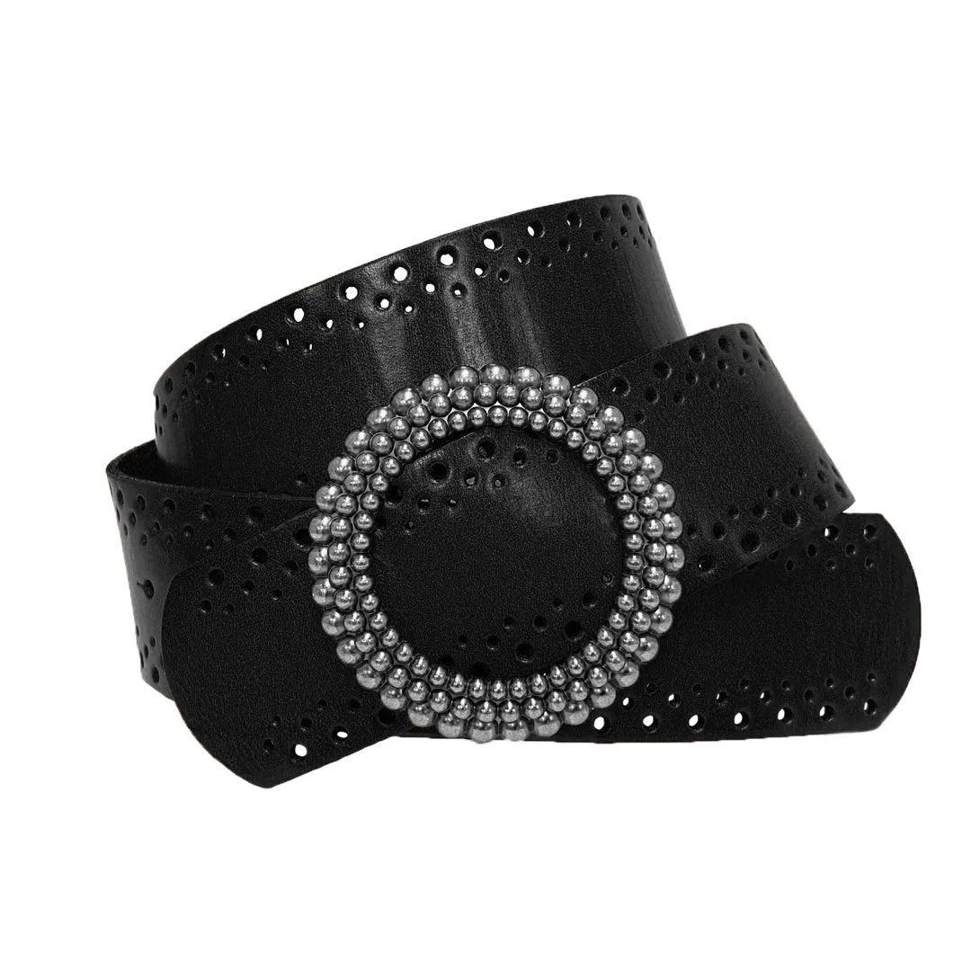Lilydale |  Women's Black Genuine Leather Belt with Round Silver buckle