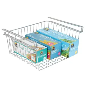 mDesign Household Metal Under Shelf Hanging Storage Organizer Bin Basket for Organizing Kitchen Pantry, Cabinets, Cupboards, Shelves - Multipurpose Vintage Modern Farmhouse Grid Style, Large - Chrome