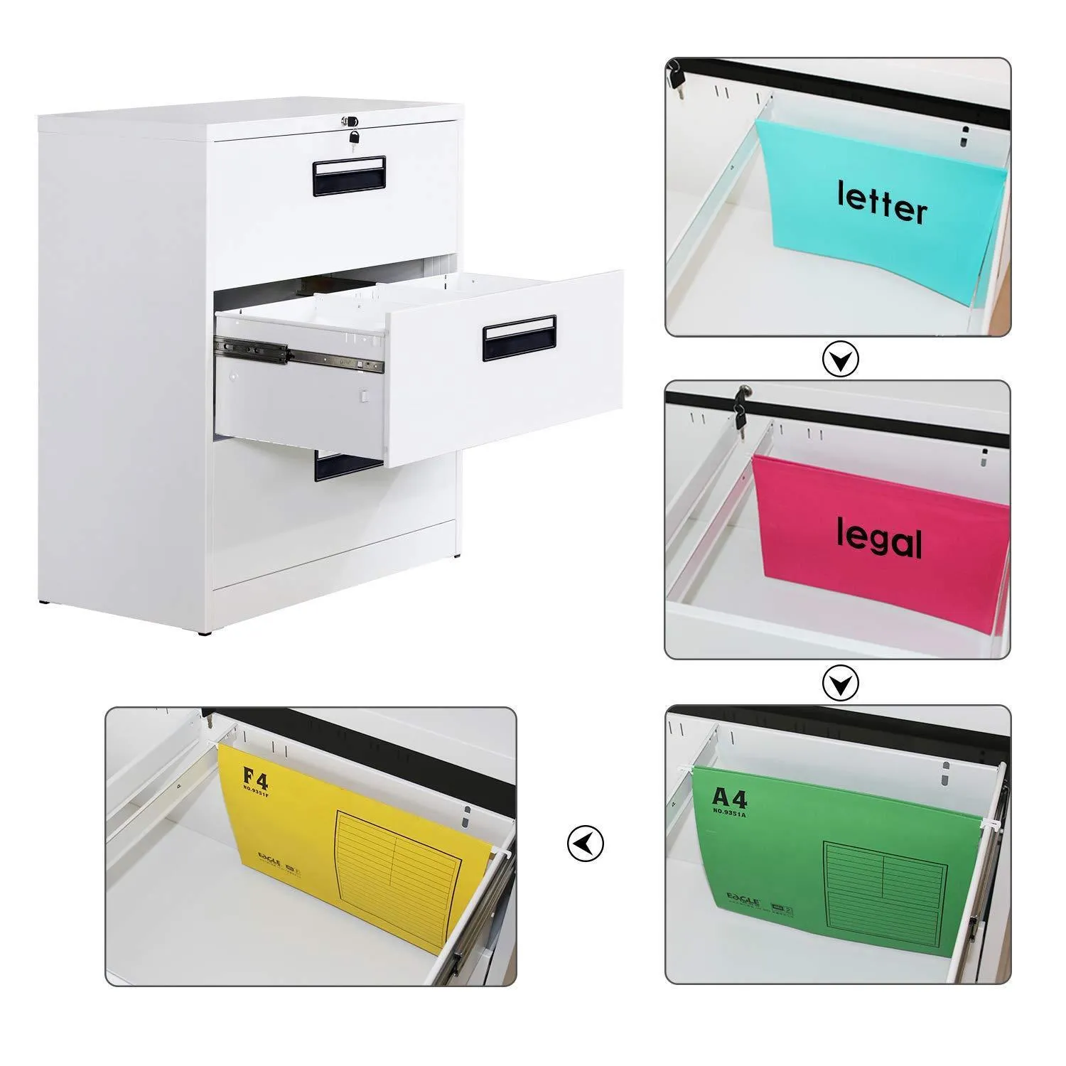 Merax lateral File Cabinet 2 Drawer Locking Filing Cabinet 3 Drawers Metal Organizer with Heavy Duty Hanging File Frame for Legal & Business Files Office Home Storage