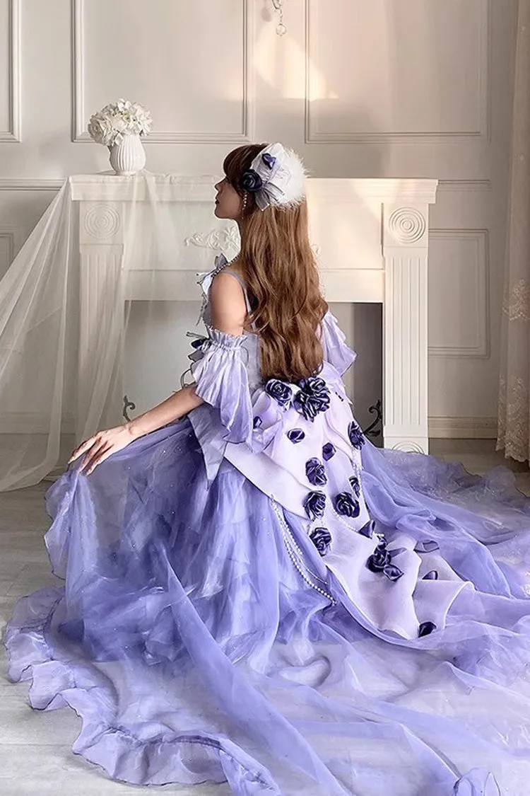 Misty Purple [Swan Wonderland] Embroidery Bowknot Lace-Up Short Front Long Back Irregular Sweet Ballet Lolita Jsk Dress