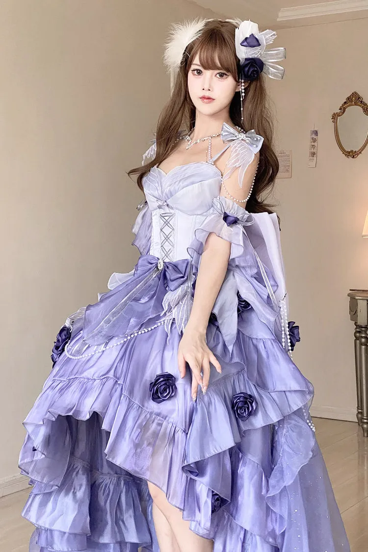 Misty Purple [Swan Wonderland] Embroidery Bowknot Lace-Up Short Front Long Back Irregular Sweet Ballet Lolita Jsk Dress