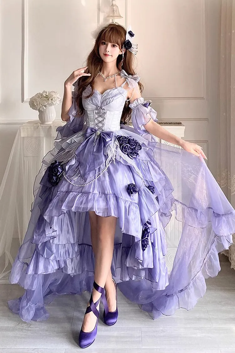 Misty Purple [Swan Wonderland] Embroidery Bowknot Lace-Up Short Front Long Back Irregular Sweet Ballet Lolita Jsk Dress