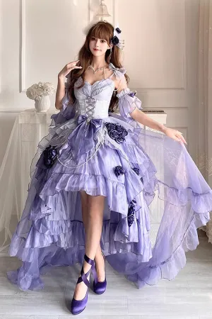 Misty Purple [Swan Wonderland] Embroidery Bowknot Lace-Up Short Front Long Back Irregular Sweet Ballet Lolita Jsk Dress