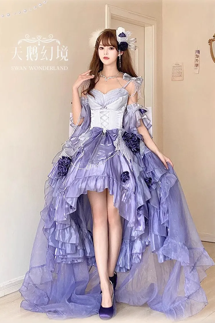 Misty Purple [Swan Wonderland] Embroidery Bowknot Lace-Up Short Front Long Back Irregular Sweet Ballet Lolita Jsk Dress