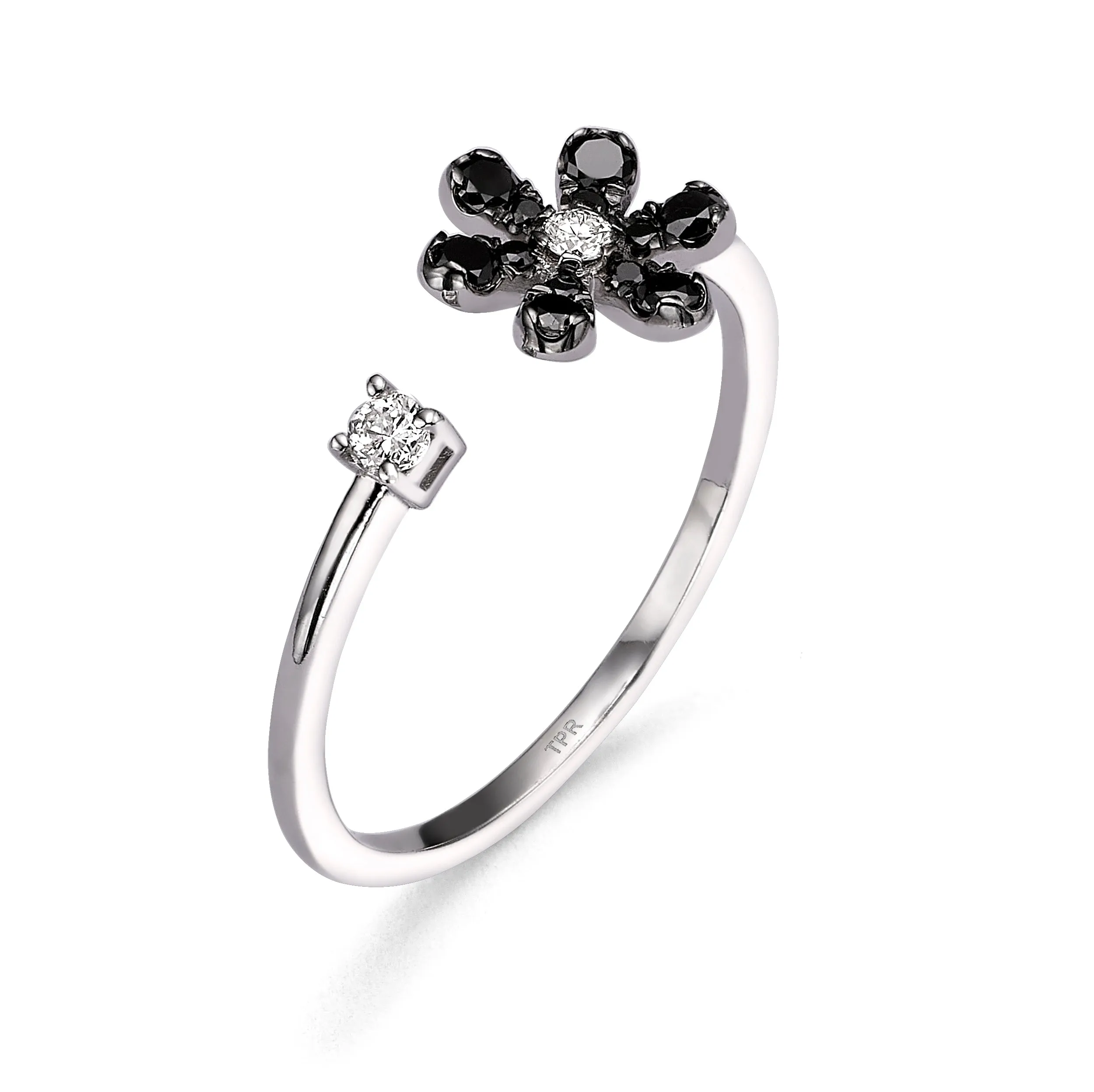 Open Flower Black Diamond Ring