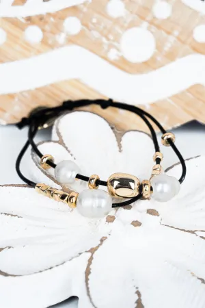Pearl and Goldtone Bead Black Cord Bracelet