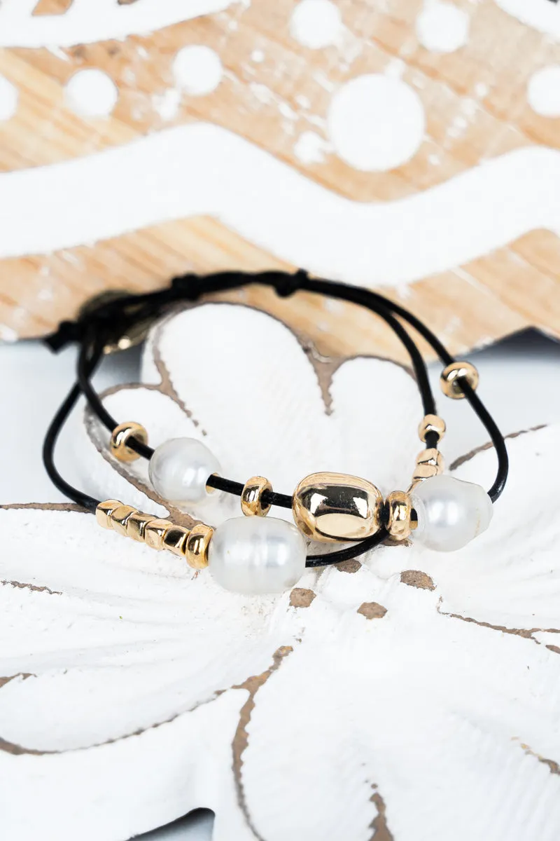 Pearl and Goldtone Bead Black Cord Bracelet