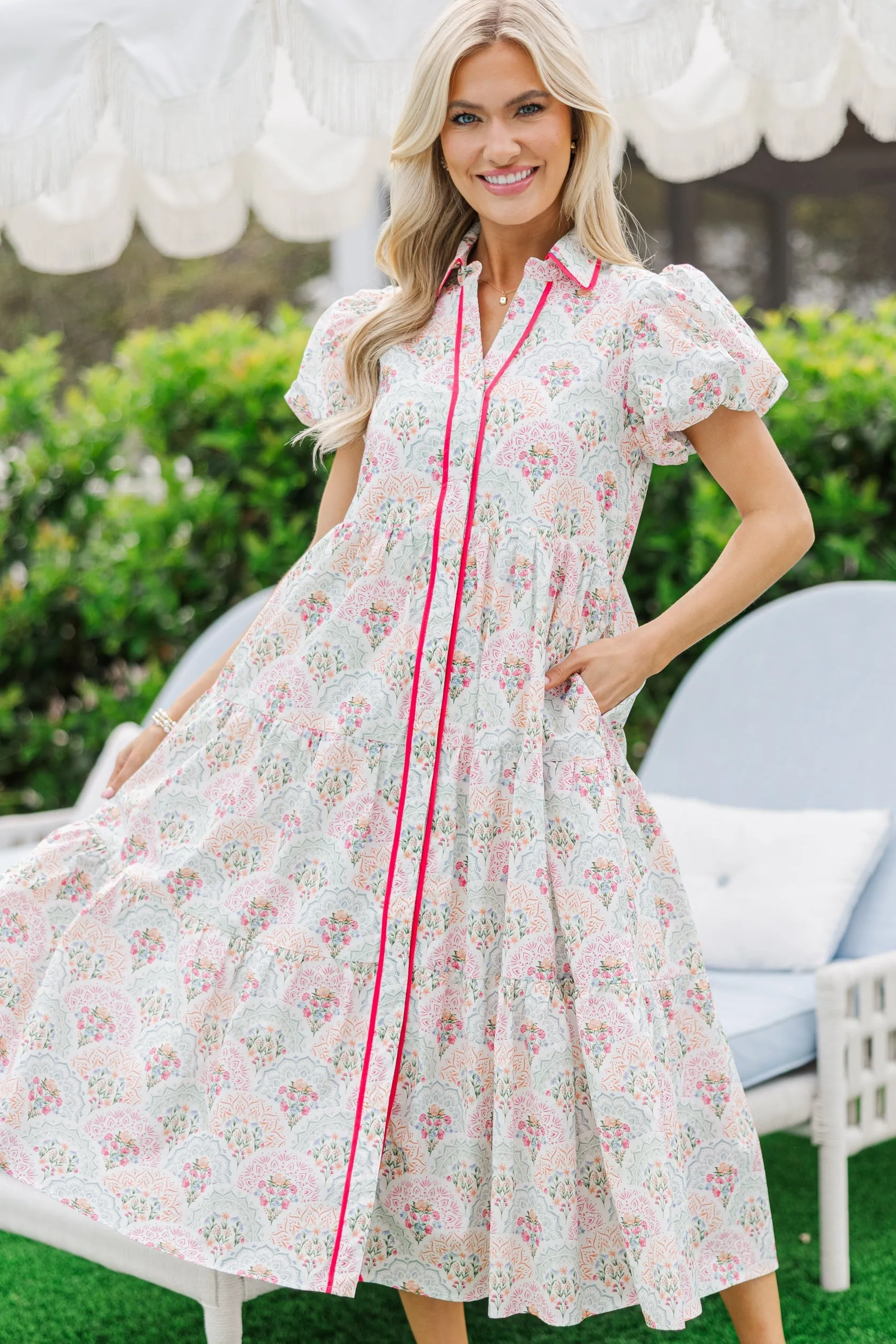 Perfect For You Pink/Mint Medallion Button Down Midi Dress
