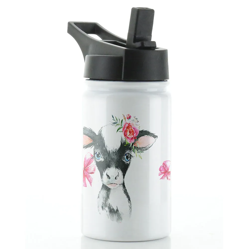 Personalised Cow Pink Bows and Name White Sports Flask