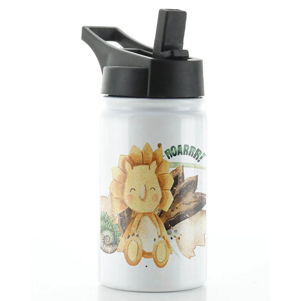 Personalised Orange Triceratops and Name White Sports Flask