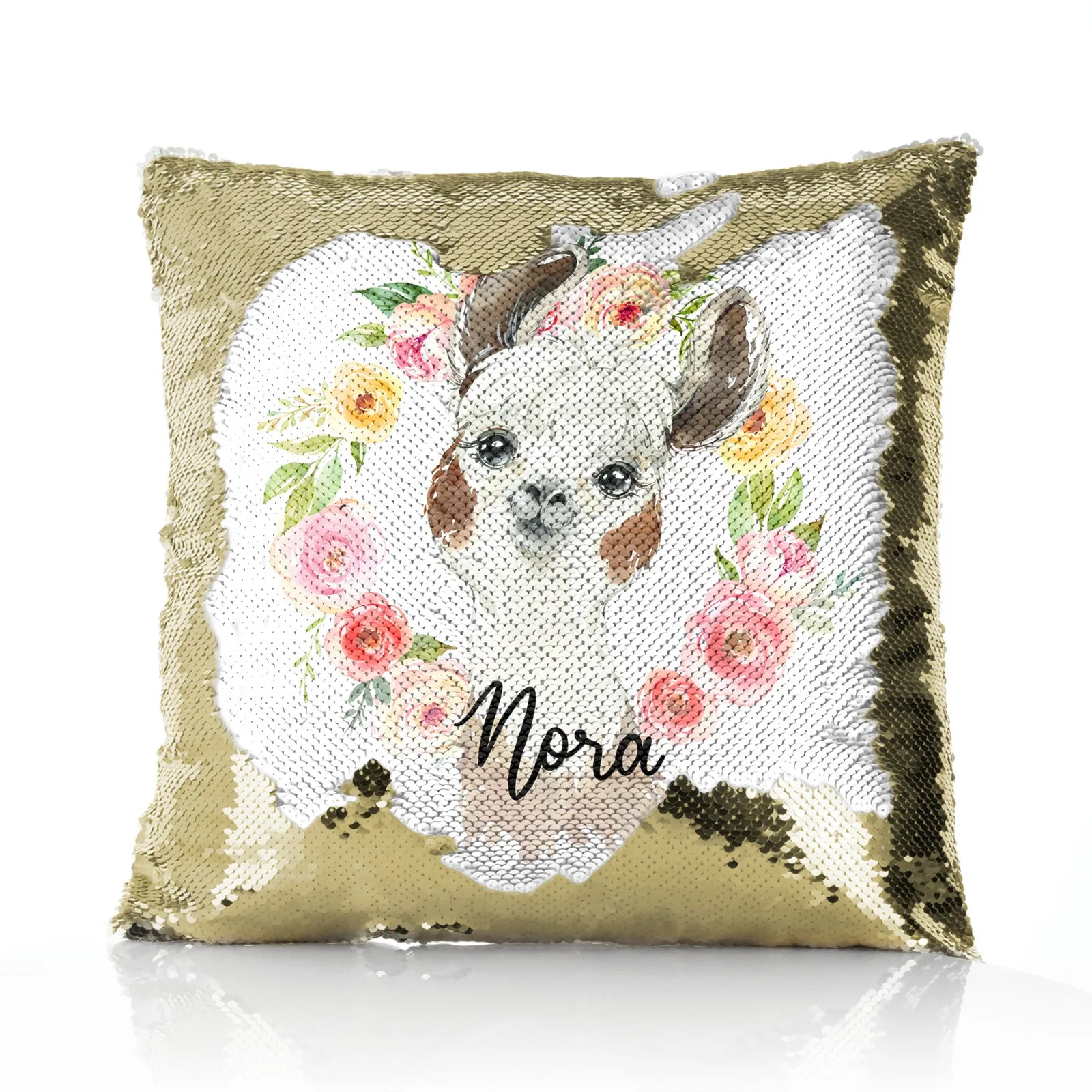 Personalised Sequin Cushion with Brown and White Alpaca Multicolour Flower Wreath and Cute Text