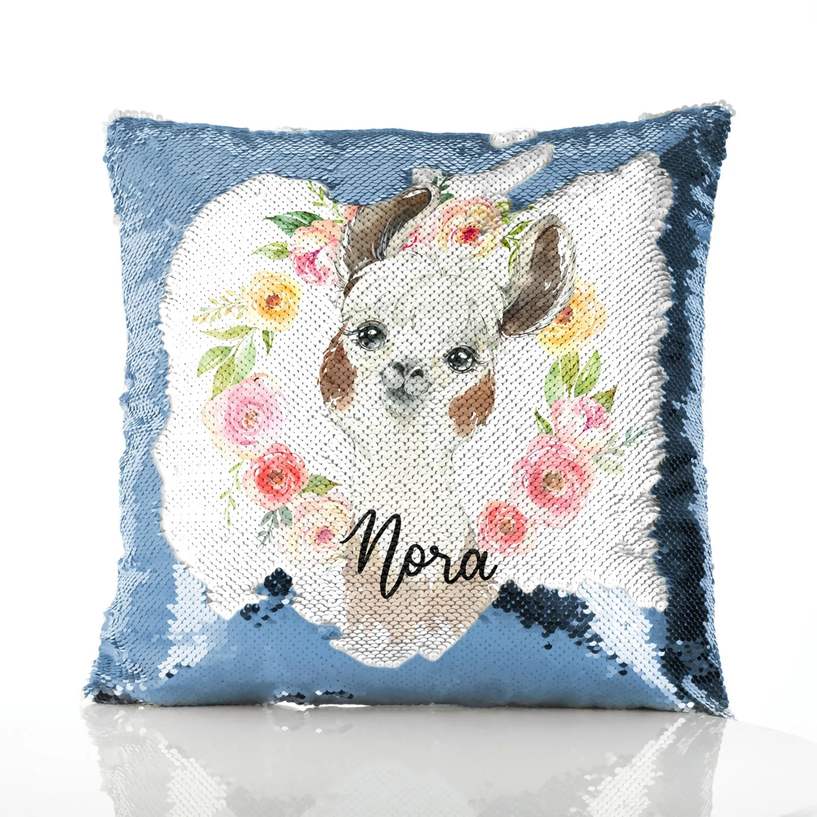 Personalised Sequin Cushion with Brown and White Alpaca Multicolour Flower Wreath and Cute Text