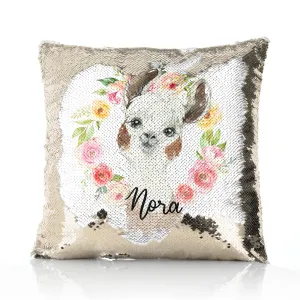 Personalised Sequin Cushion with Brown and White Alpaca Multicolour Flower Wreath and Cute Text