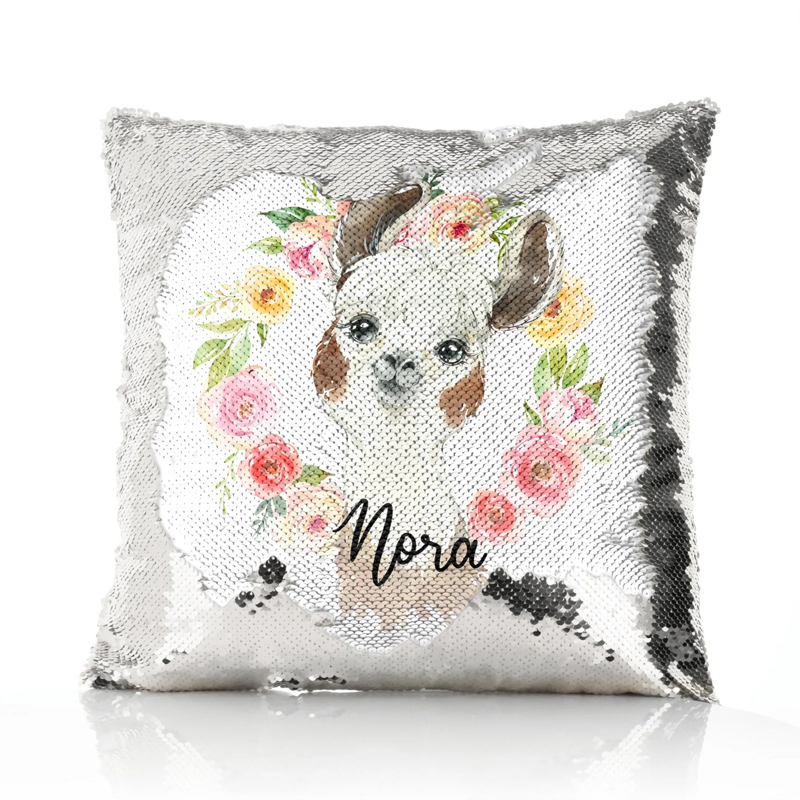Personalised Sequin Cushion with Brown and White Alpaca Multicolour Flower Wreath and Cute Text