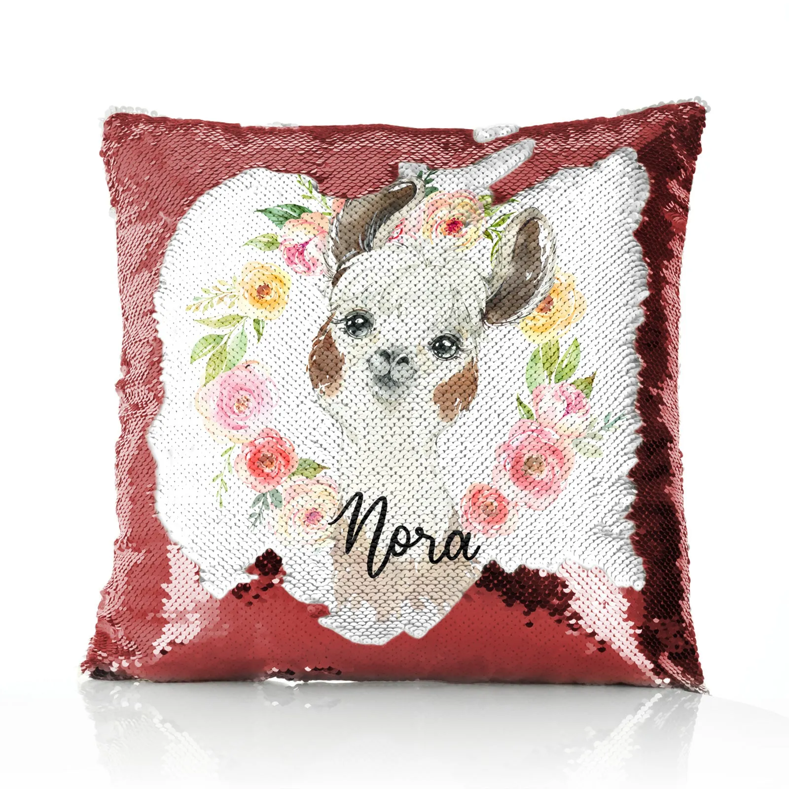 Personalised Sequin Cushion with Brown and White Alpaca Multicolour Flower Wreath and Cute Text
