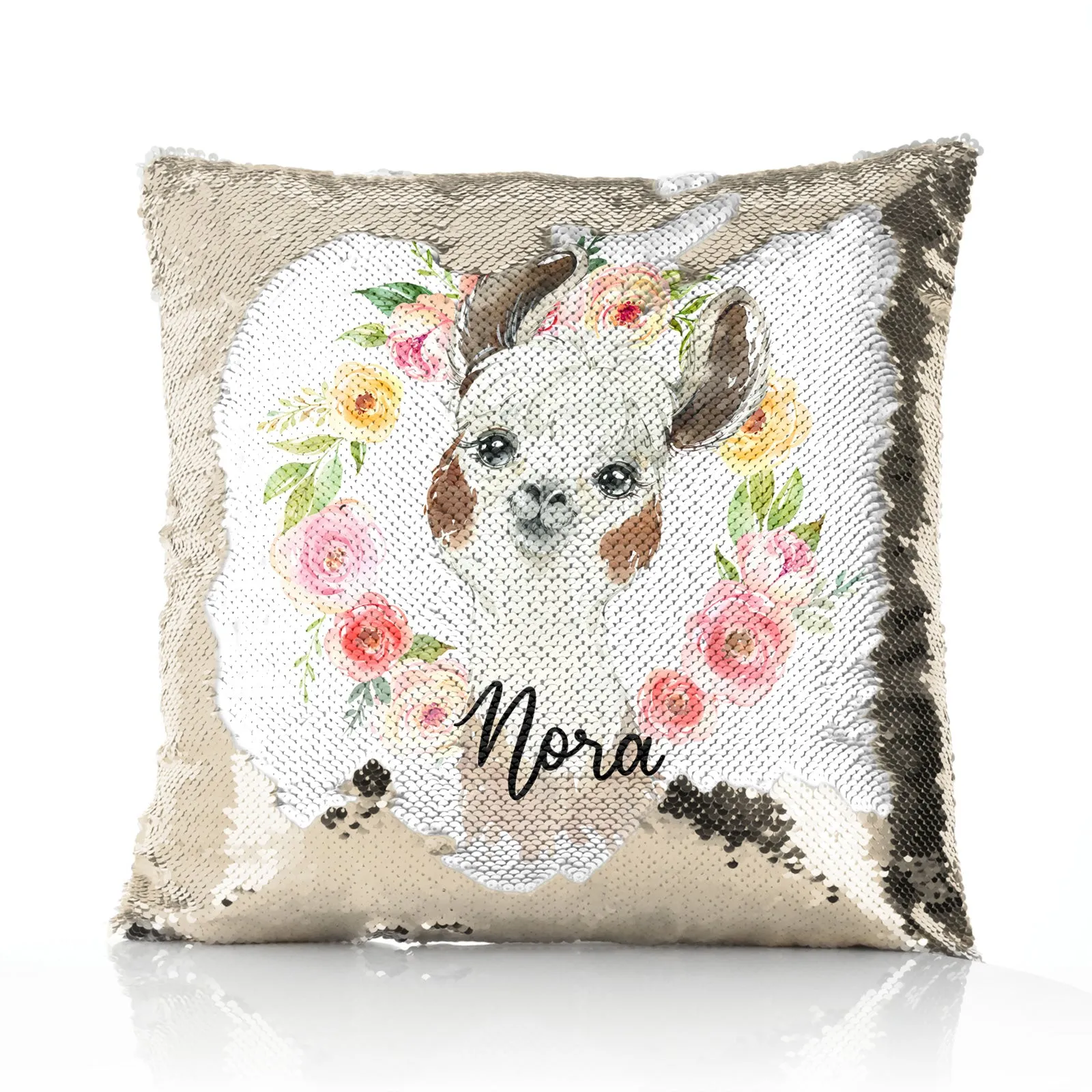 Personalised Sequin Cushion with Brown and White Alpaca Multicolour Flower Wreath and Cute Text
