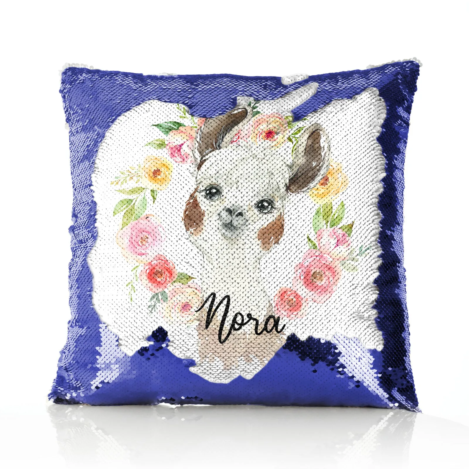 Personalised Sequin Cushion with Brown and White Alpaca Multicolour Flower Wreath and Cute Text