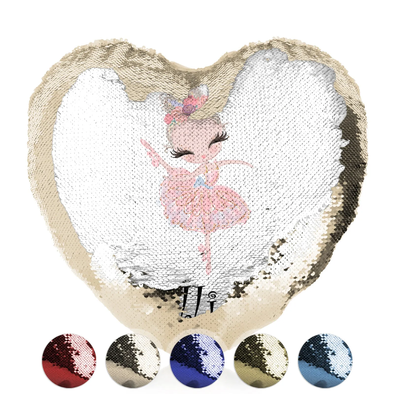 Personalised Sequin Heart Cushion with Cute Text and Blonde Hair Pink Dress Ballerina