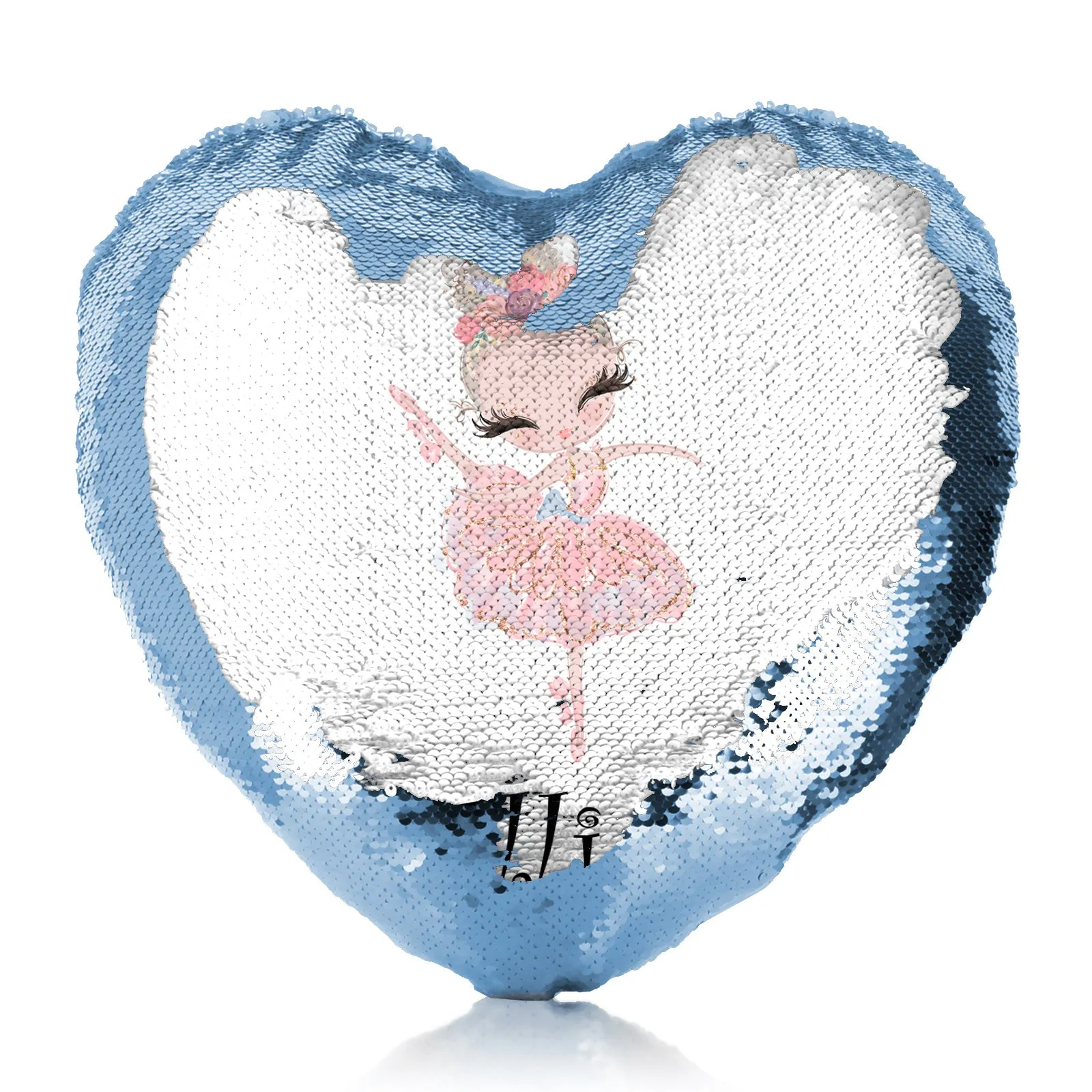 Personalised Sequin Heart Cushion with Cute Text and Blonde Hair Pink Dress Ballerina