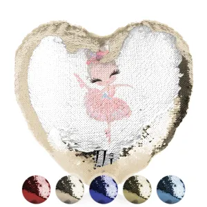 Personalised Sequin Heart Cushion with Cute Text and Blonde Hair Pink Dress Ballerina