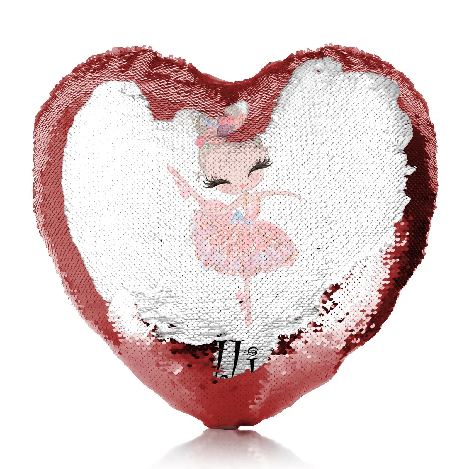Personalised Sequin Heart Cushion with Cute Text and Blonde Hair Pink Dress Ballerina