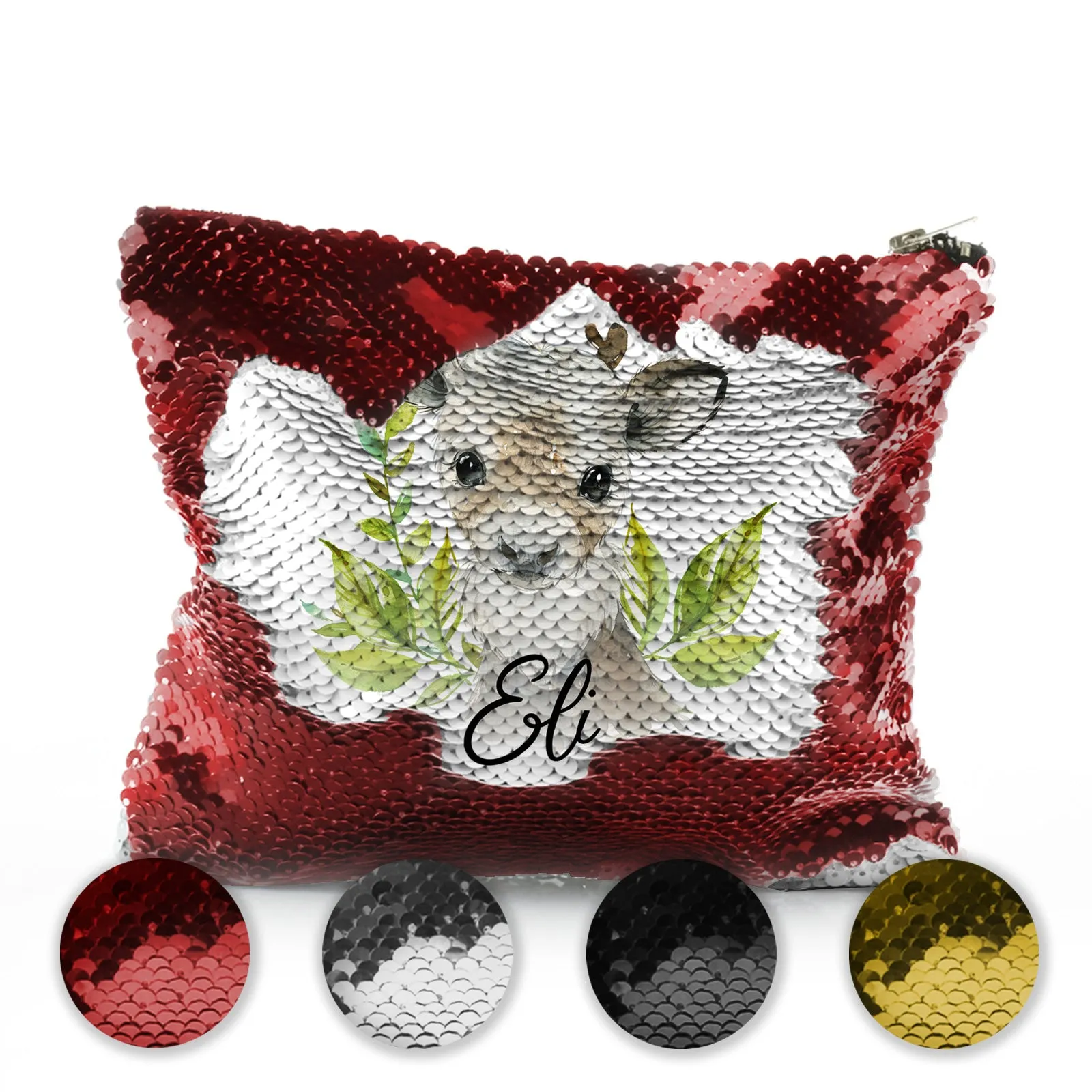 Personalised Sequin Zip Bag with Christmas Reindeer Deer Green Leaves and Cute Text
