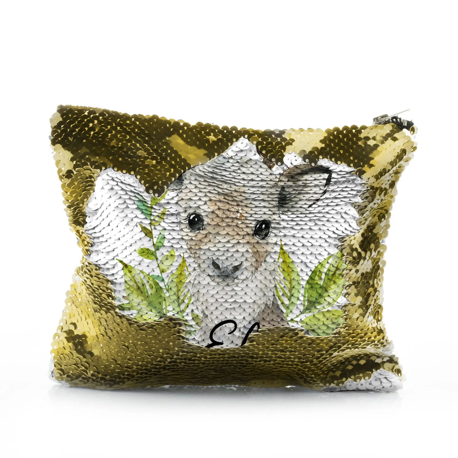 Personalised Sequin Zip Bag with Christmas Reindeer Deer Green Leaves and Cute Text