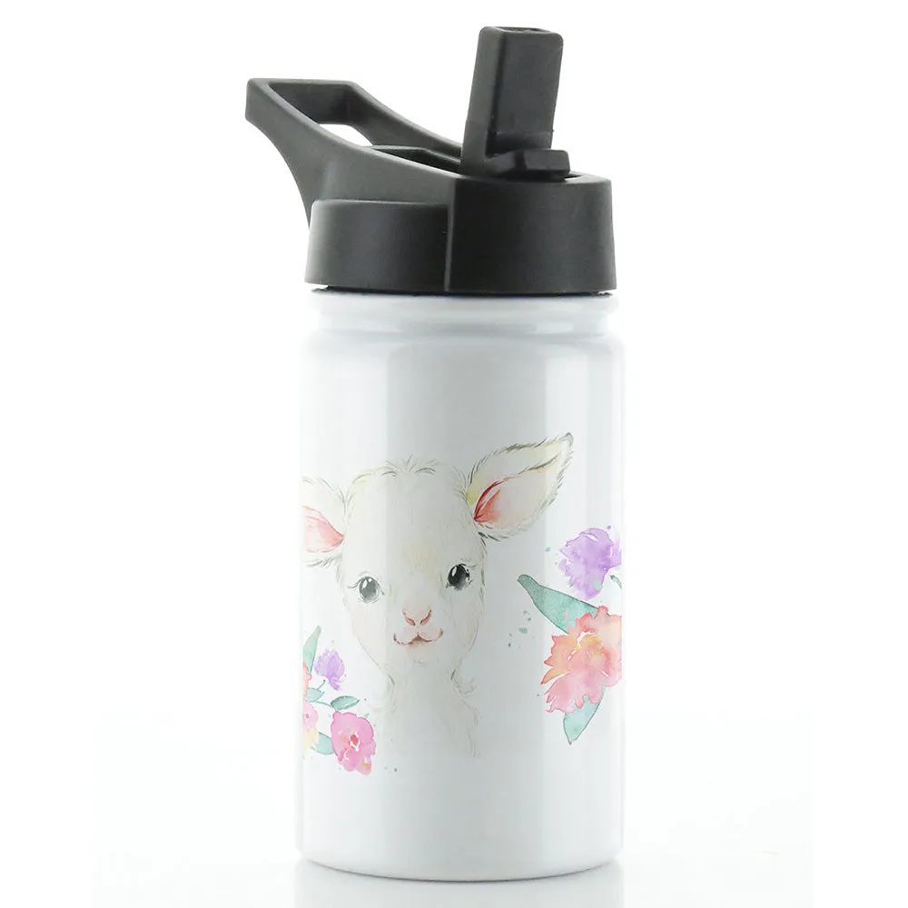Personalised White Lamb Flowers and Name White Sports Flask