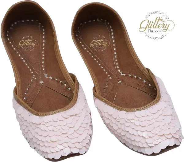 Pink Ethnic Punjabi Leather Jutti with Shell Work | Women's Indian Traditional Wear Mojari | Women's Khussa Shoes | Indian Ballet Flats