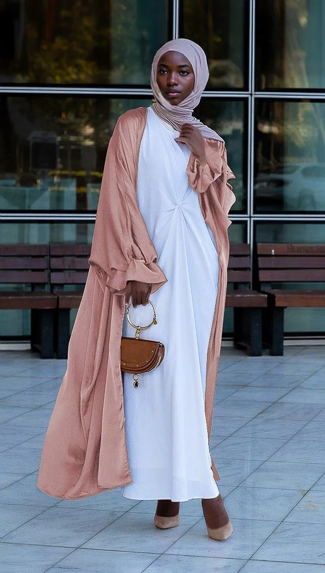 Pink Loves open front maxi satin abaya throw over