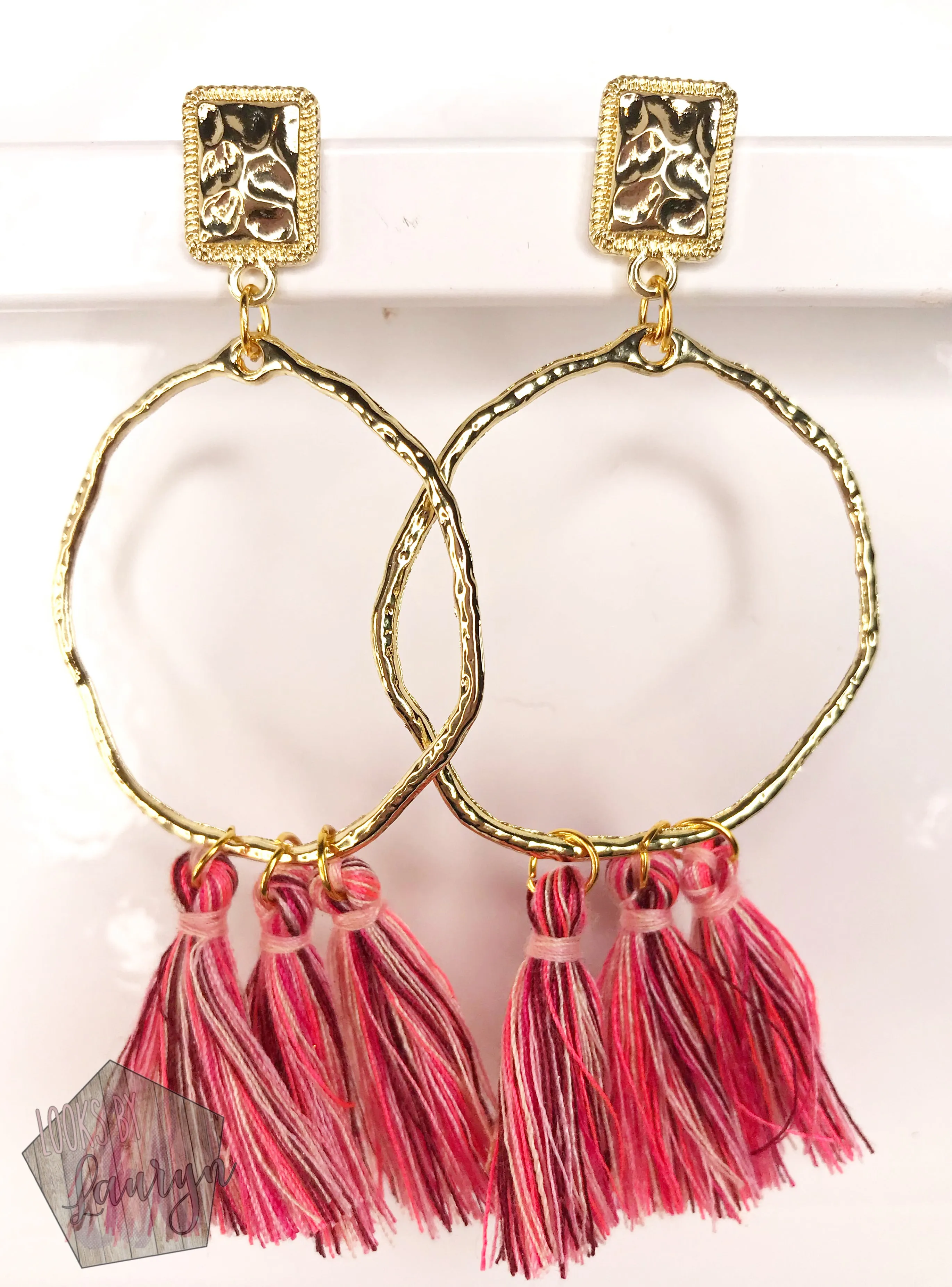 Pink Tassel Earrings on Hoop