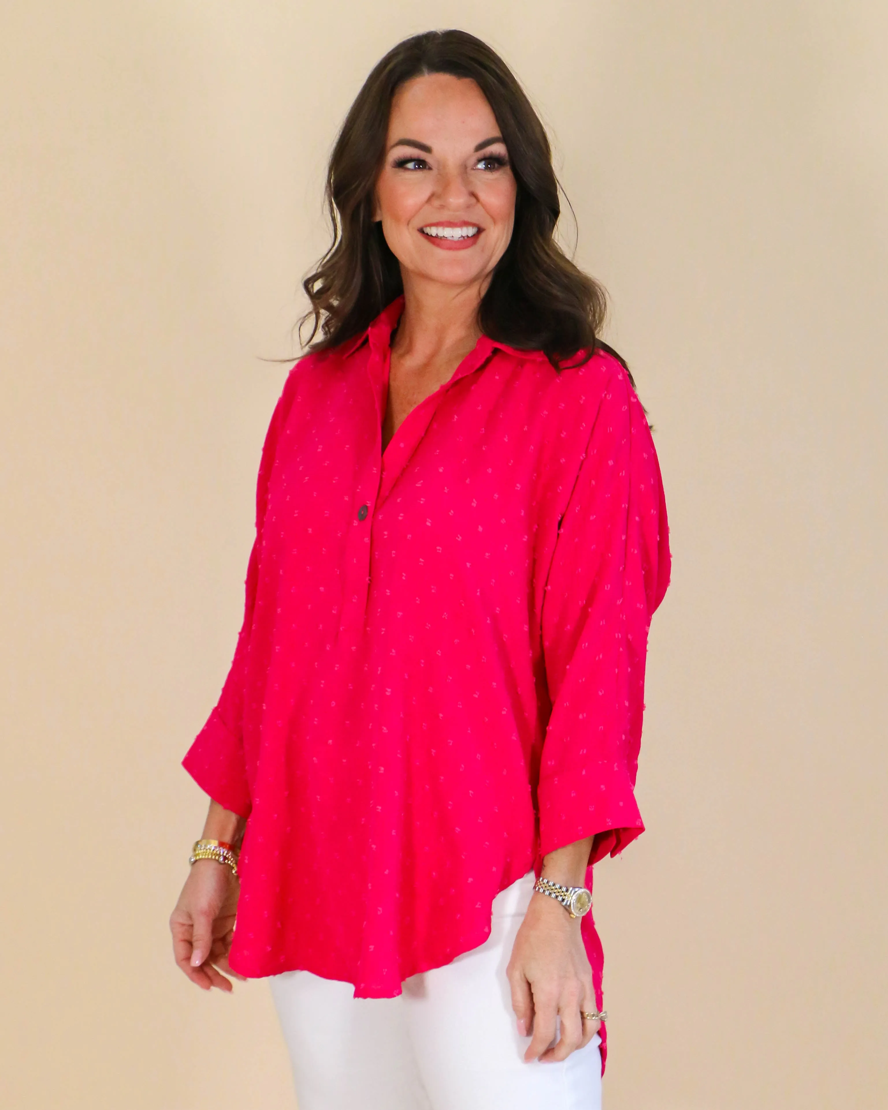 Pop Collar Popover Top in Fuchsia
