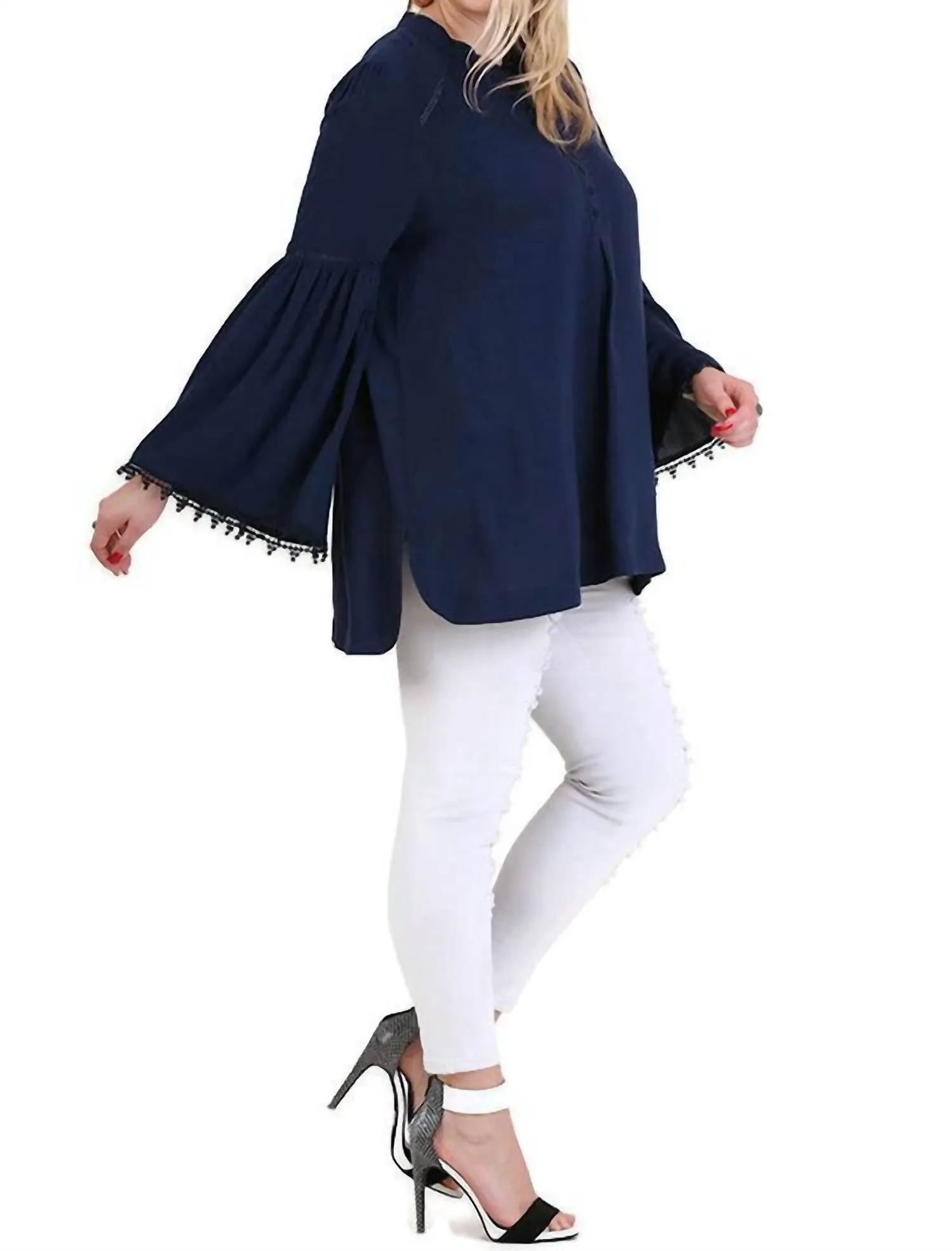Popover Trumpet Sleeve Blouse In Navy