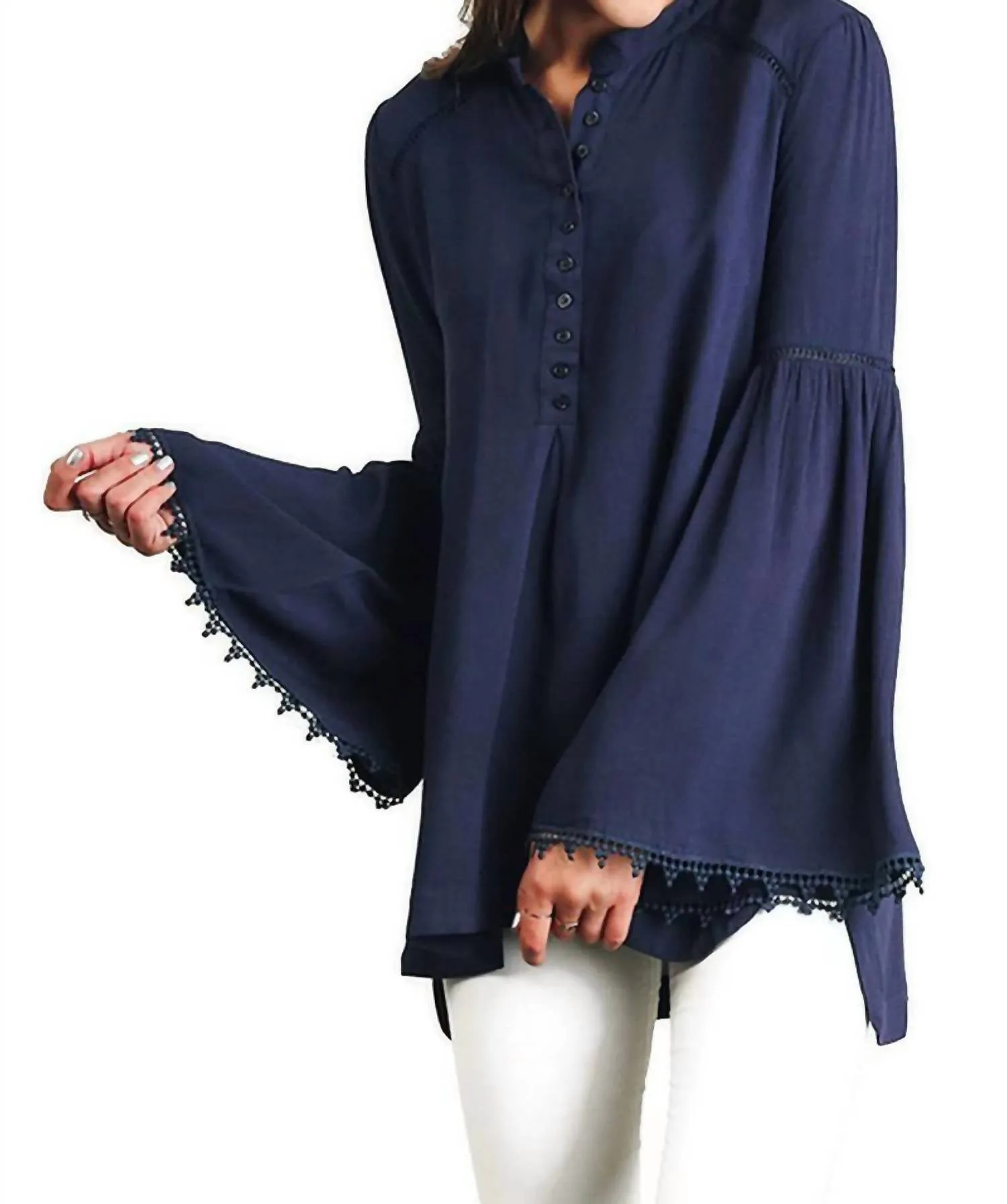 Popover Trumpet Sleeve Blouse In Navy