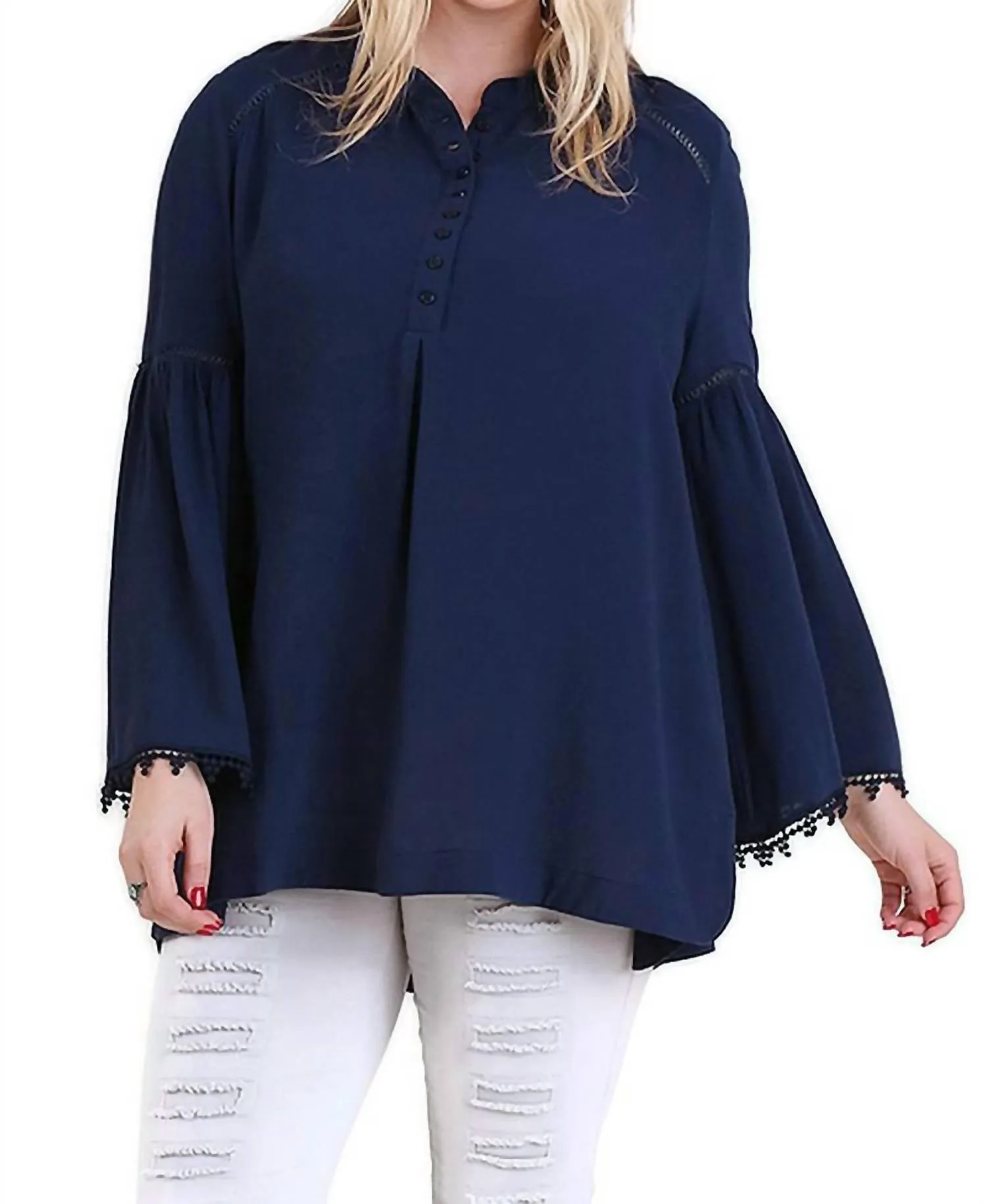 Popover Trumpet Sleeve Blouse In Navy