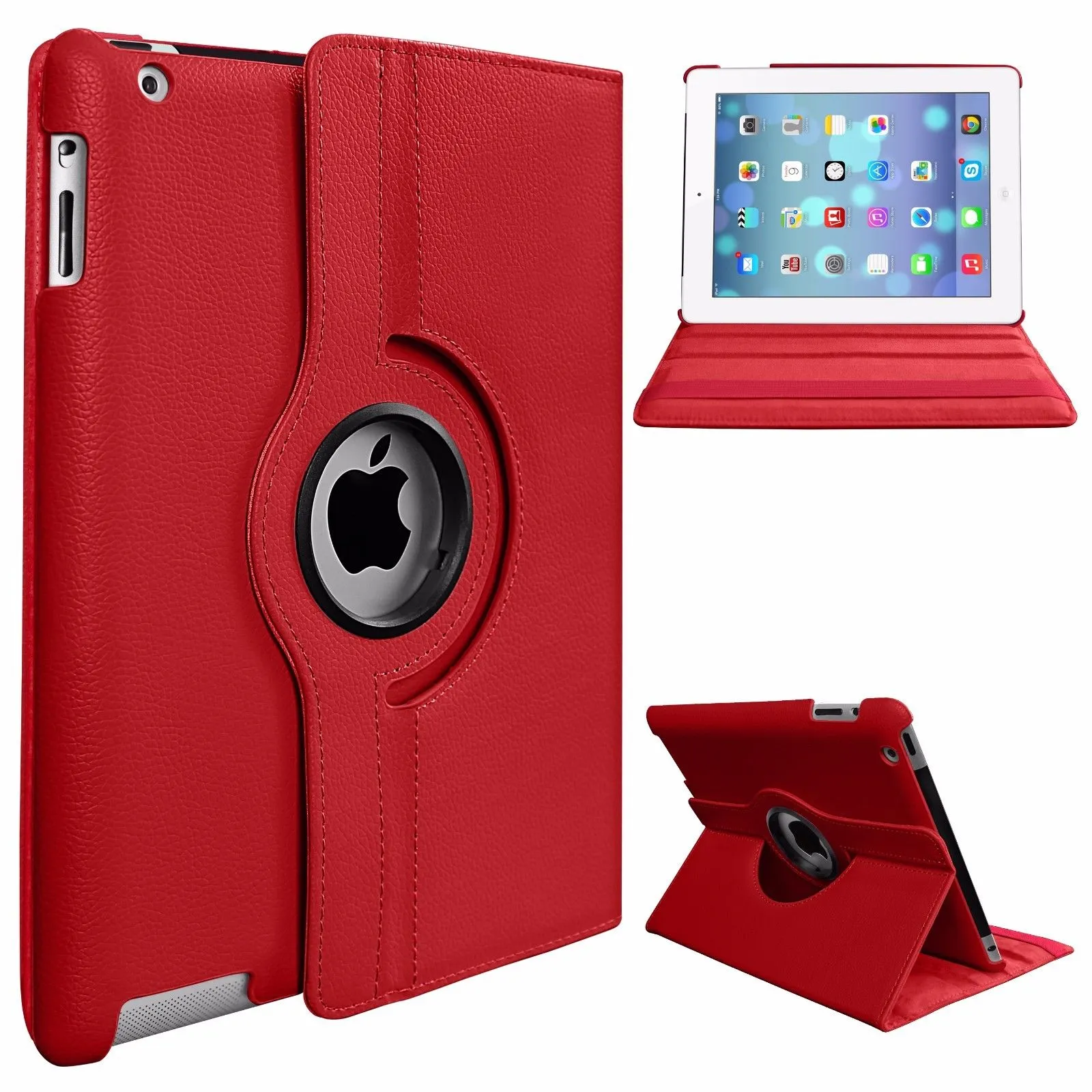 PU Leather Smart Stand Flip Case Cover for Apple iPad mini3/2/1 360 Rotation Tablet Full Protector Case Rose red