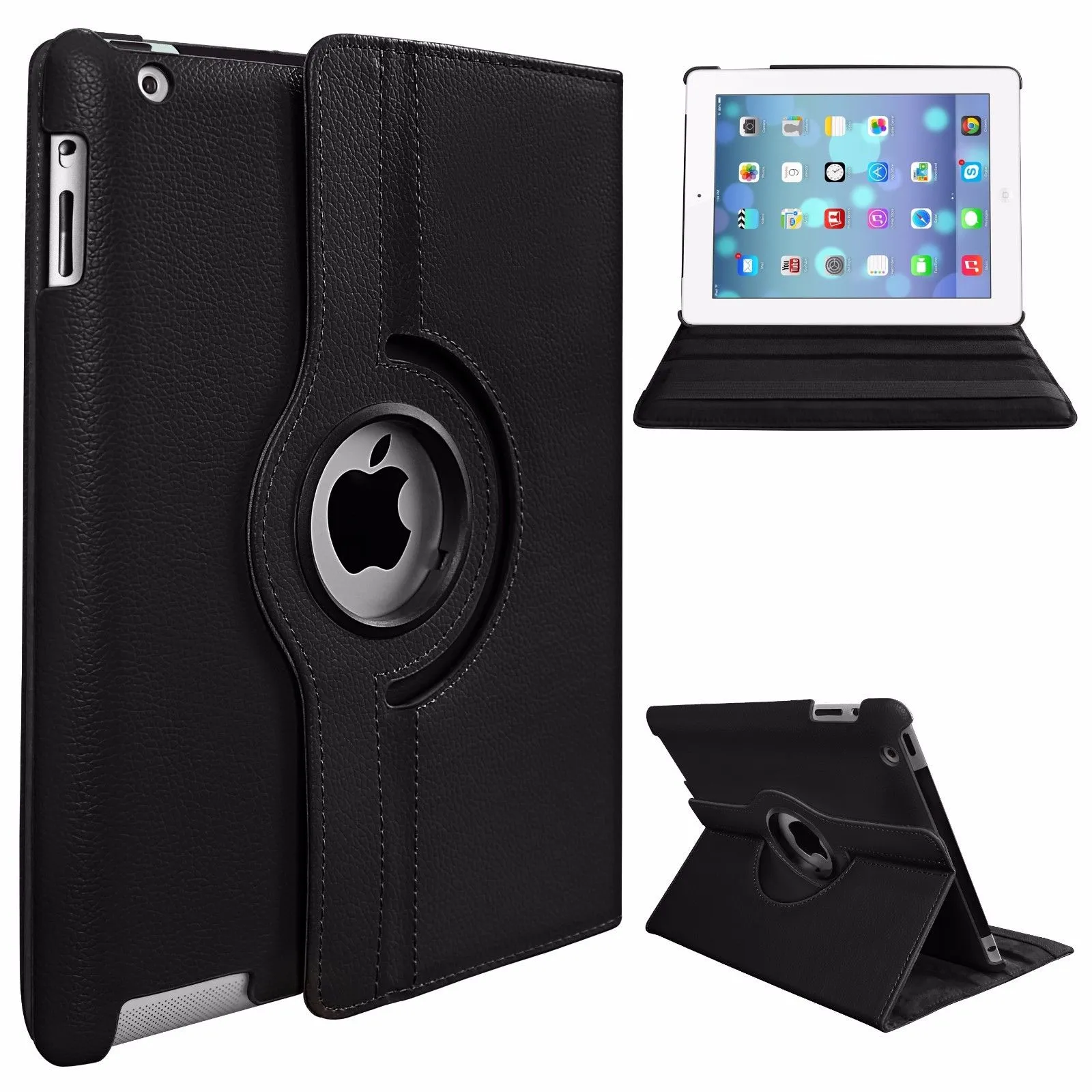 PU Leather Smart Stand Flip Case Cover for Apple iPad mini3/2/1 360 Rotation Tablet Full Protector Case Rose red