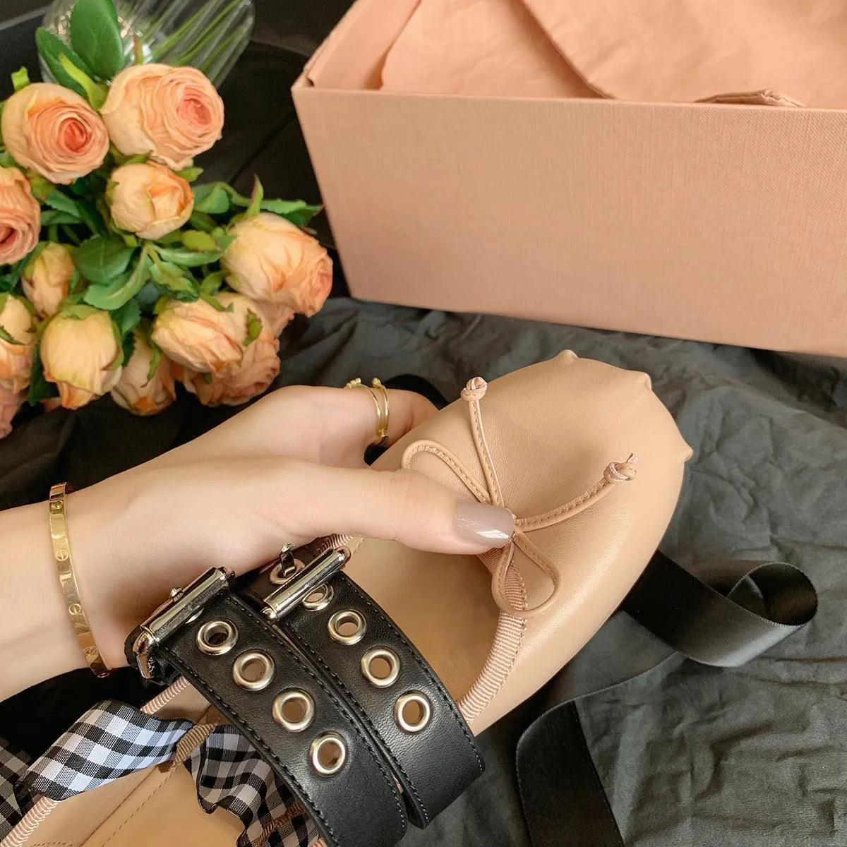 Punk Ballerina Flats – Genuine Cowhide Leather with Buckle Straps