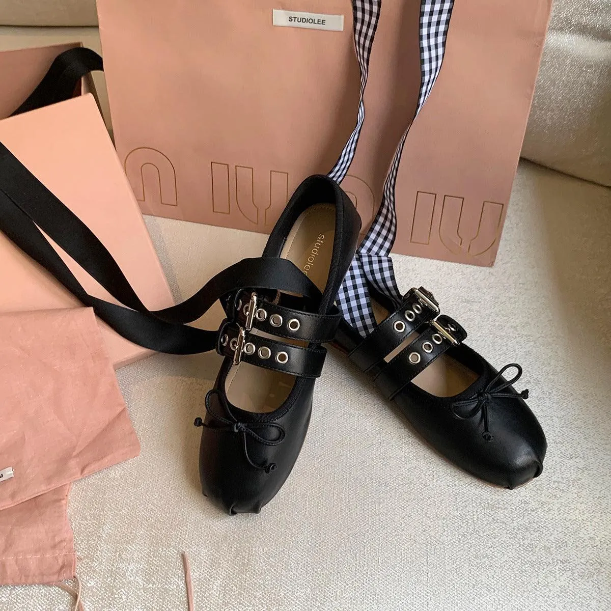 Punk Ballerina Flats – Genuine Cowhide Leather with Buckle Straps