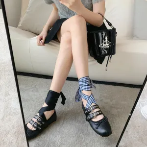 Punk Ballerina Flats – Genuine Cowhide Leather with Buckle Straps
