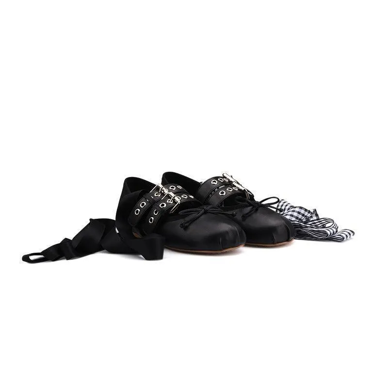 Punk Ballerina Flats – Genuine Cowhide Leather with Buckle Straps