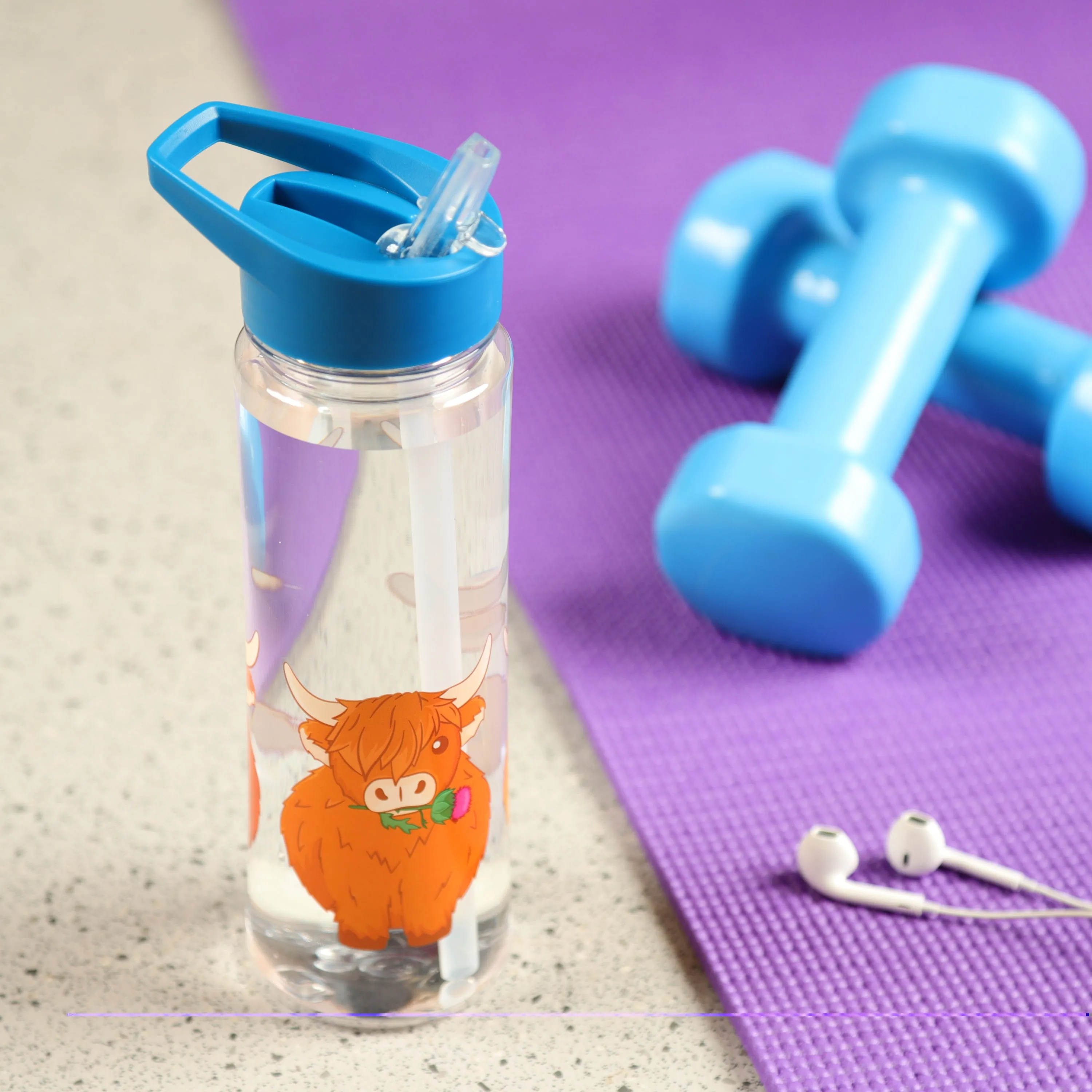 Reusable Highland Coo Cow 550ml Water Bottle with Flip Straw