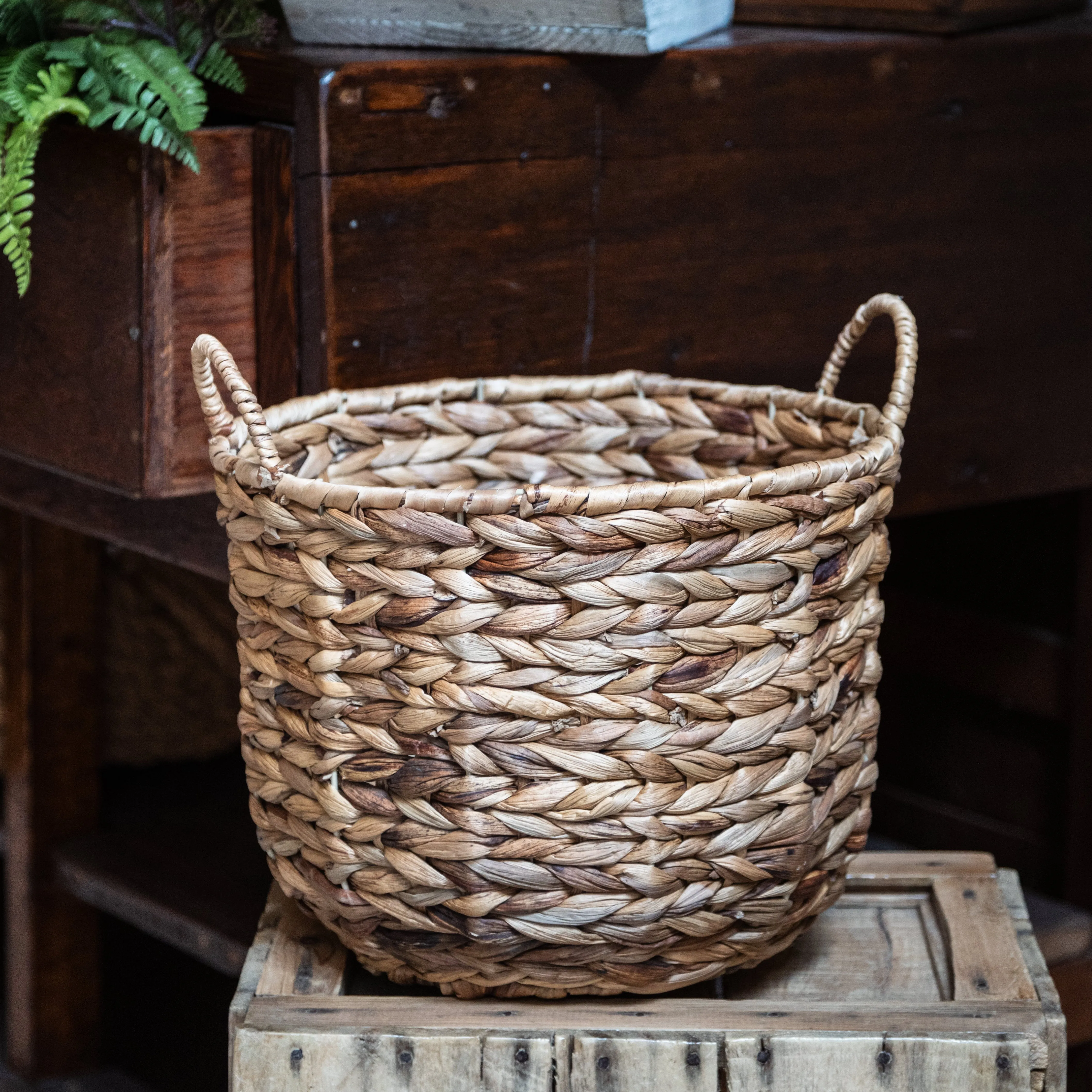 Round Woven Hyacinth Basket with Handles