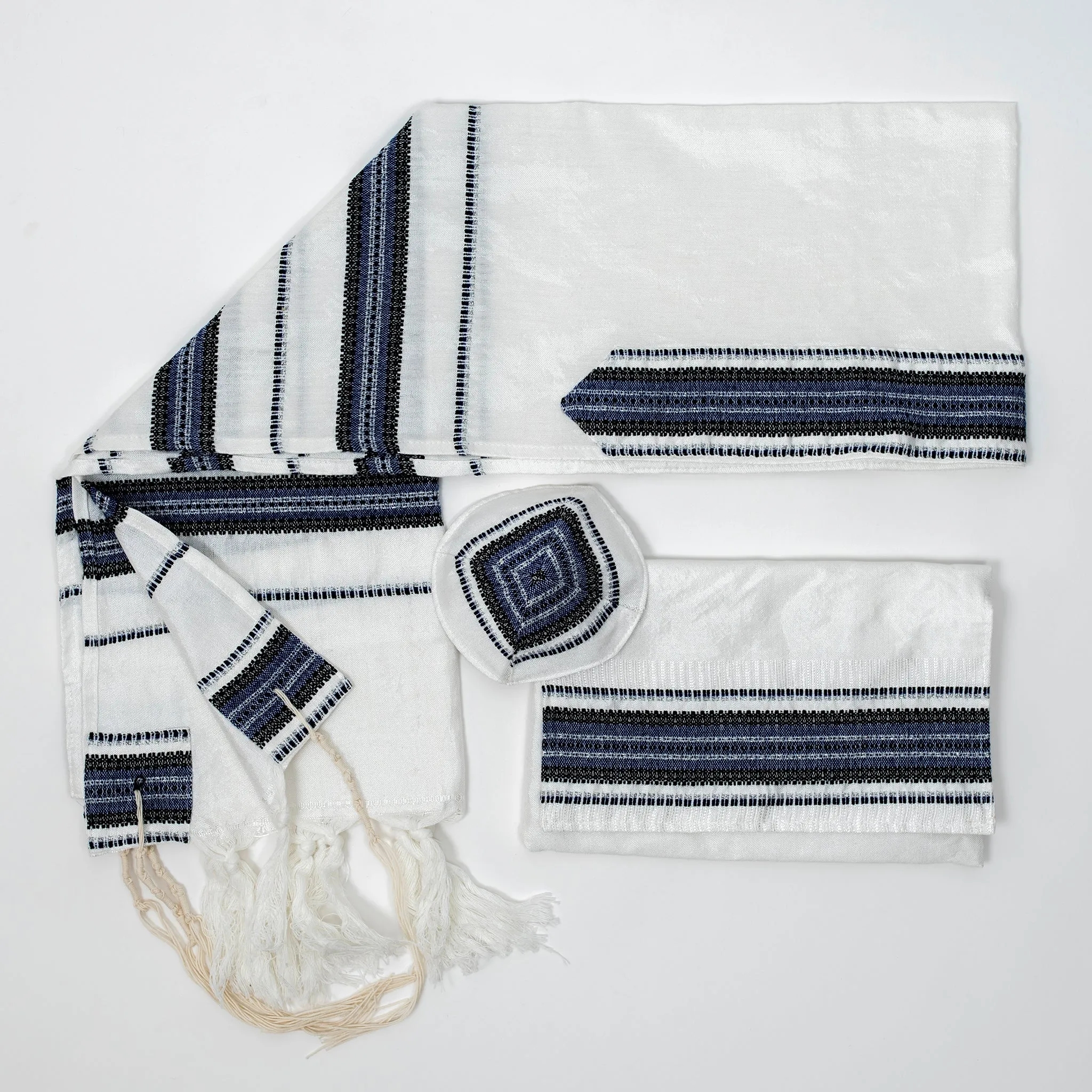 Ruth - Silk Tallit - Blue and Black with Silver on White