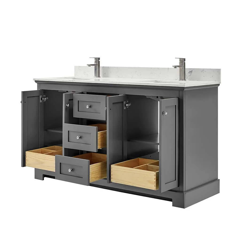Ryla 60 Inch Double Bathroom Vanity in Dark Gray, Carrara Cultured Marble Countertop, Undermount Square Sinks, No Mirror