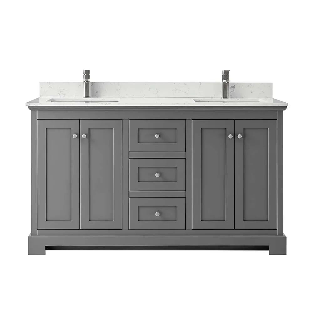 Ryla 60 Inch Double Bathroom Vanity in Dark Gray, Carrara Cultured Marble Countertop, Undermount Square Sinks, No Mirror