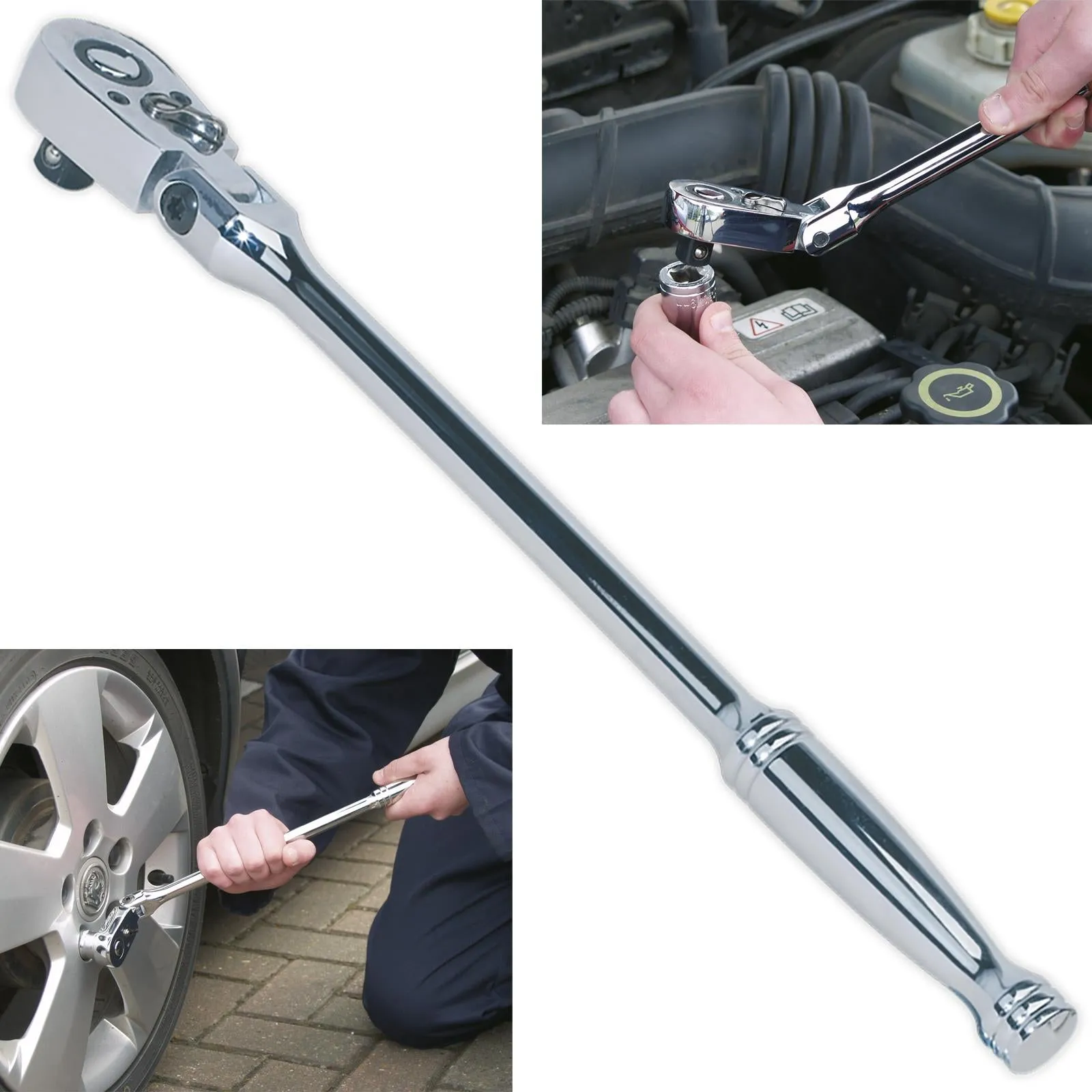 Sealey Ratchet Wrench Flexi Head 300mm 3/8" Drive Pear Head Flip Reverse